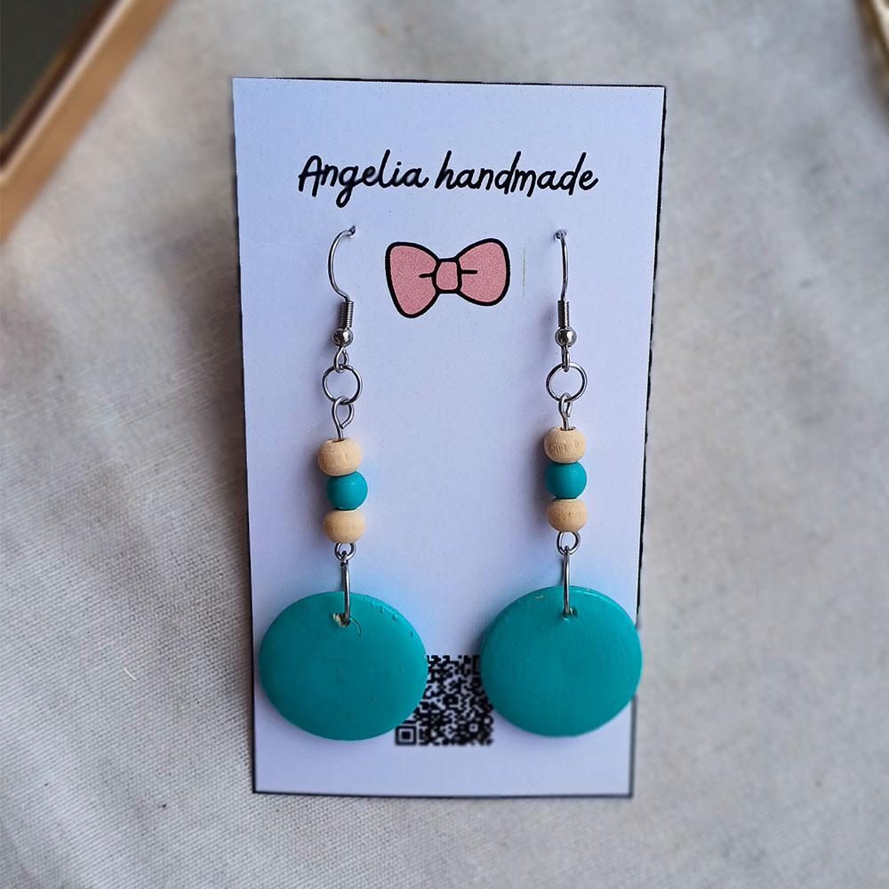 Circle Tiffany Charm light-blue wooden earrings with sand and turquoise beads